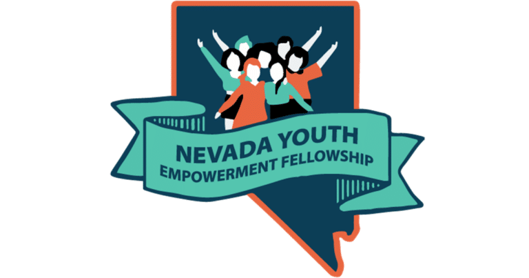 An illustration of young people in green, orange and black against the state outline with a ribbon saying, "Nevada Youth Empowerment Fellowship."